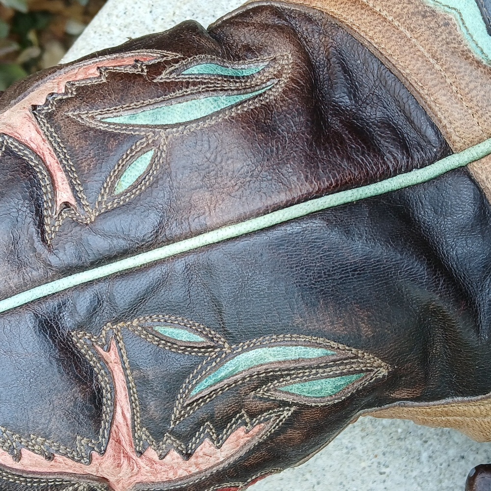 Old Gringo Two-Tone Brown Floral Embroidered Heeled Cowboy Boots - Picture 13 of 16
